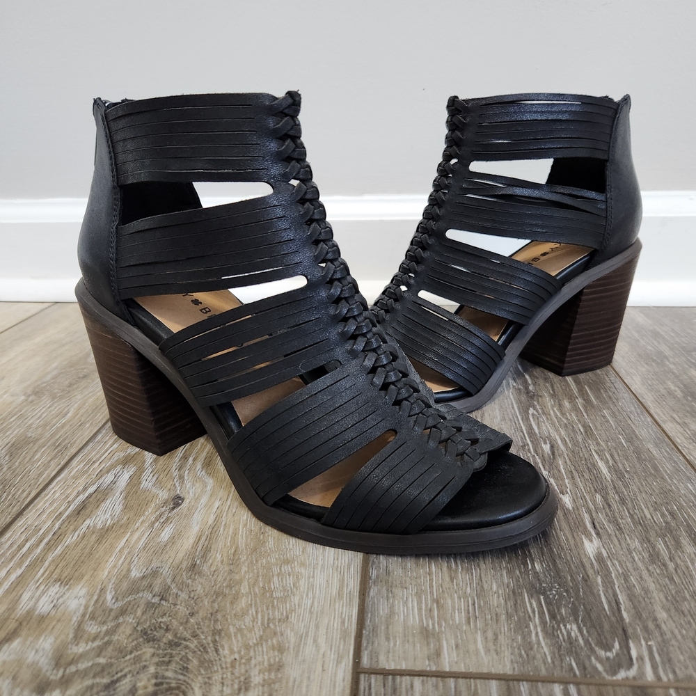Lucky Brand Darvie Black Leather Strappy Braided Block Heel Sandals 8.5 NWOT